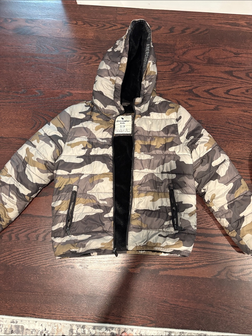 abercrombie kids Camo Puffer Jacket in Brown, Gray & Cream